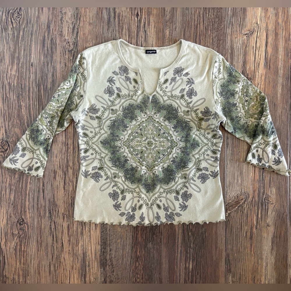 Vtg Tangents 3/4 Sleeve Bohemian Shirt Green Floral No Size Fairy Whimsical Y2K